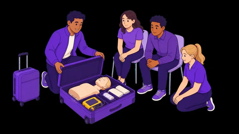 Ausbilder bringt Reanimationspuppe, AED und Verbandmaterial zu einer Inhouse-Schulung im Betrieb.