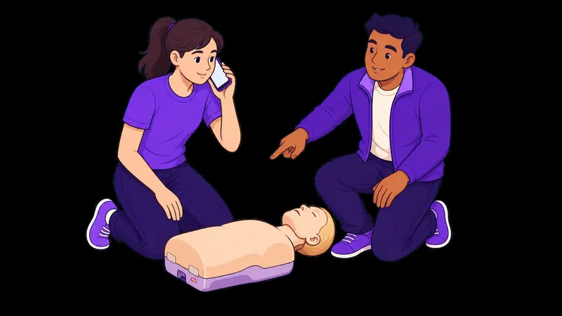 Zwei Teilnehmer üben neben einer Reanimationspuppe das Absetzen eines Notrufs.