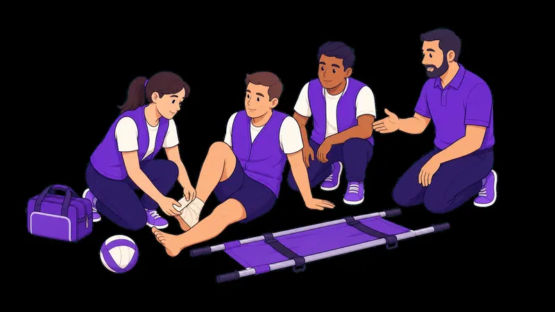 Ehrenamtliche versorgen im Erste-Hilfe-Kurs eine Sportverletzung und bereiten eine Trage vor.