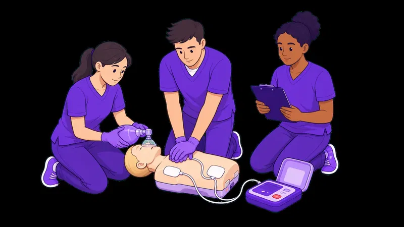 Praxispersonal trainiert als Team Reanimation, Beatmung und AED an einer Übungspuppe.