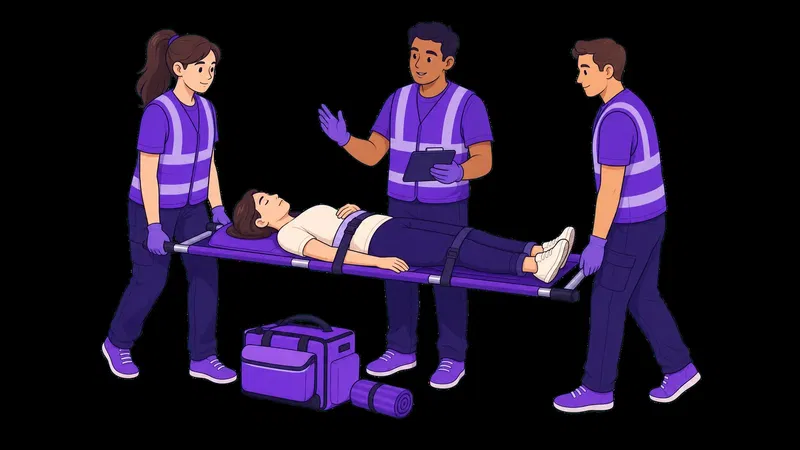 Sanitätshelfer üben unter Anleitung den sicheren Umgang mit einer Trage.